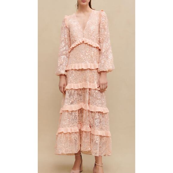 Maje Pale Pink Ruffled V-Neck Sequin Party Formal Dress Size 36/ US 4 - Picture 1 of 14